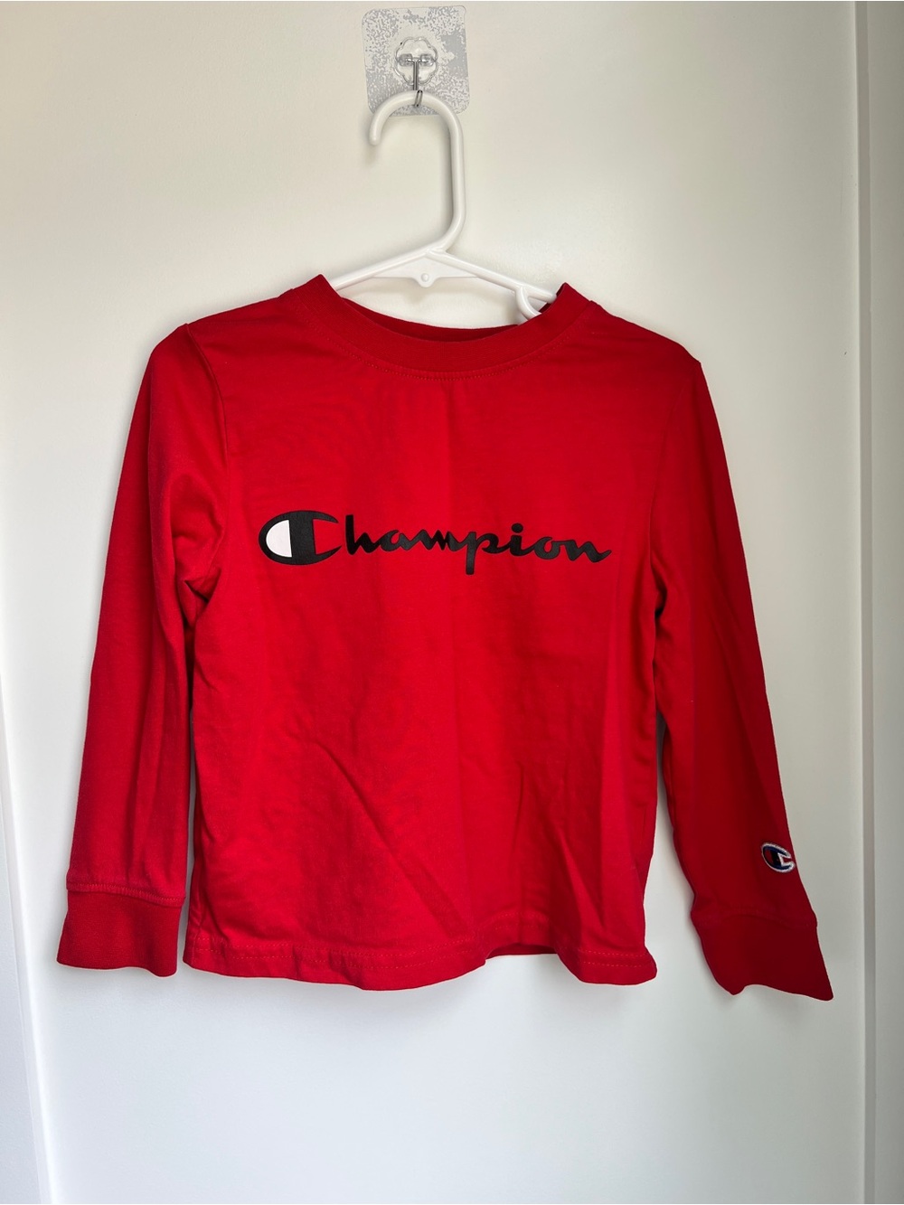 Champion Red Long-Sleeve Logo Tee with Black Script - Size 4